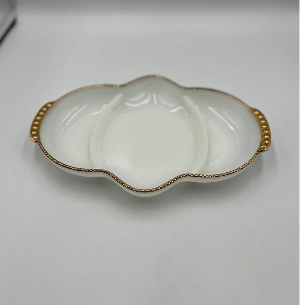 Fire-King Milk Glass Relish Dish Gold Beaded Trim 3 Compartment Divided Tray USA